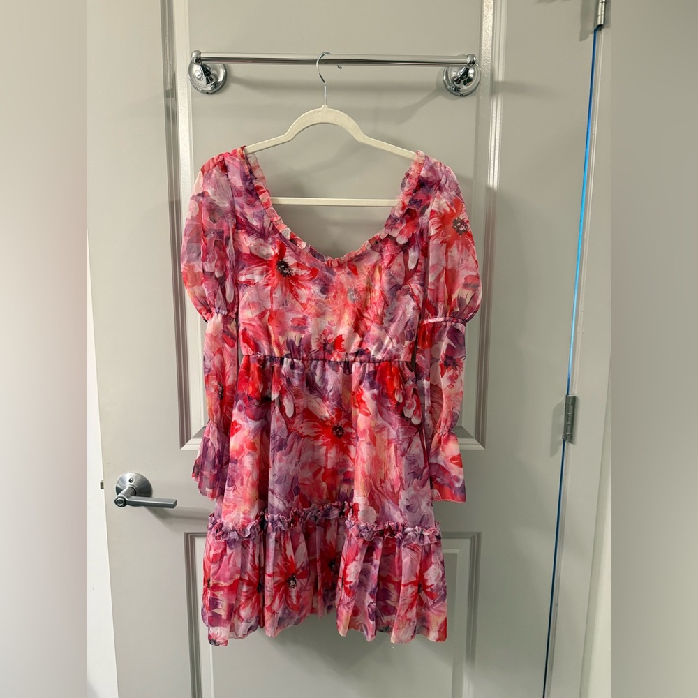 Abstract Floral Printed Chiffon Mini Dress